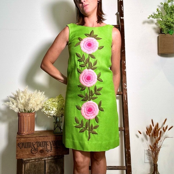 Vintage 60s Phil Rose Embroidered Mod Dress - Picture 1 of 7